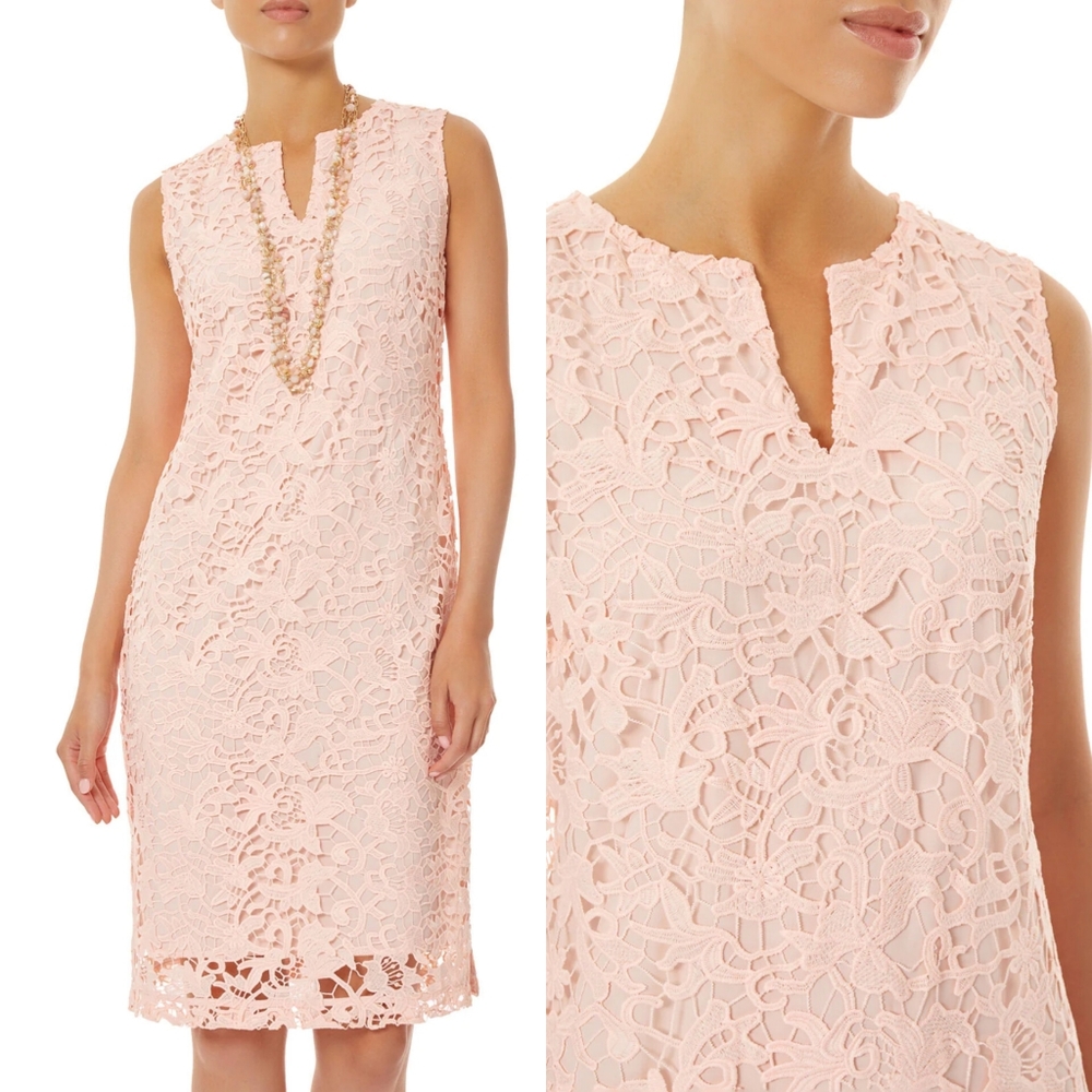 NWT Ming Wang delicate floral lace sheath dress pink satin sleeveless party